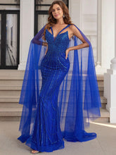 Royal Blue Luxury Hand Beading Dubai Formal Evening Dresses Long With Long Sleeves V-Neck Mermaid Prom Party Gowns With Train